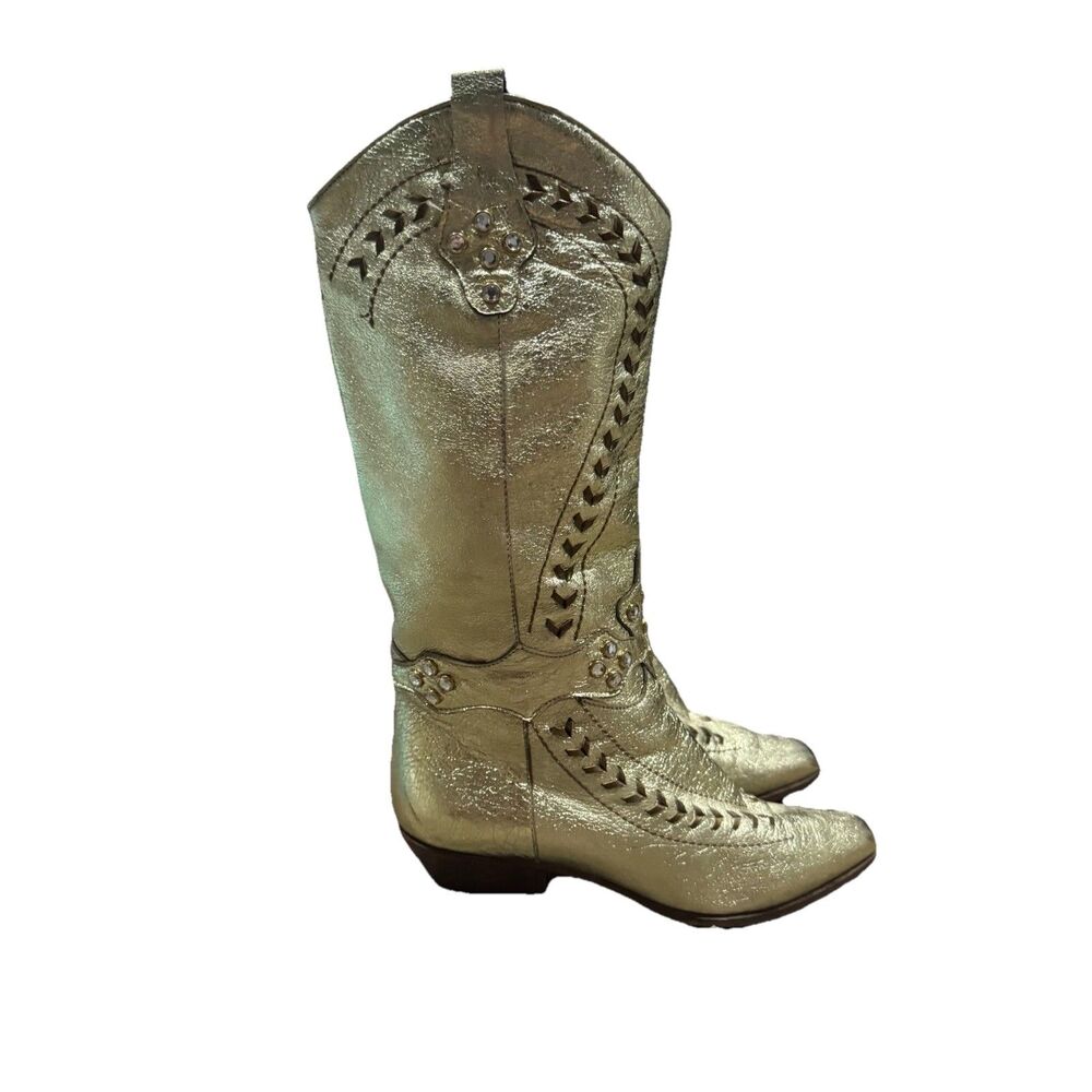 Vintage Italy Gold Metallic Leather Rhinestone Western Cowboy Boots Women’s 5.5B
